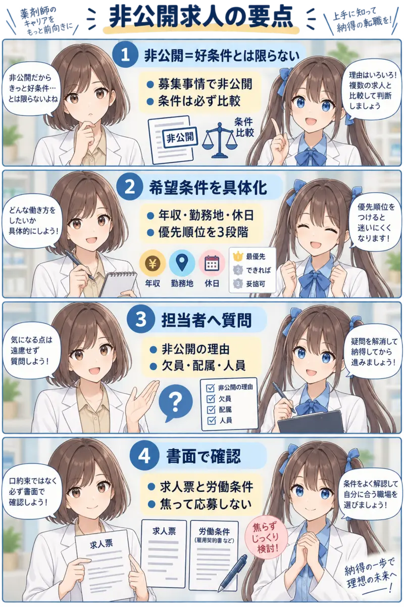薬剤師の非公開求人が好条件とは限らない理由と確認項目の要点漫画