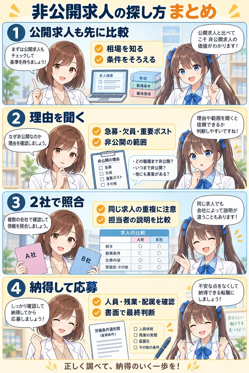 薬剤師の非公開求人を公開求人と比較して納得して応募する4コマ漫画