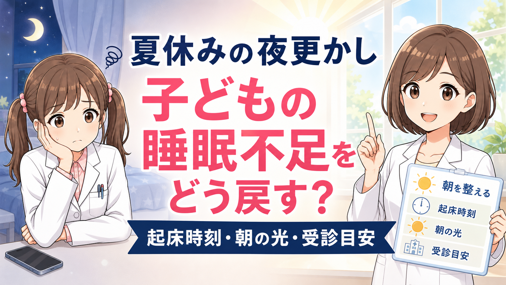夏休みの夜更かしで子どもの睡眠不足をどう戻すか解説するアイキャッチ画像