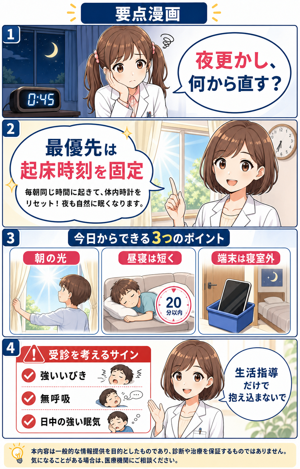 起床時刻の固定、朝の光、昼寝、端末管理、受診サインを示す子どもの睡眠不足の要点漫画