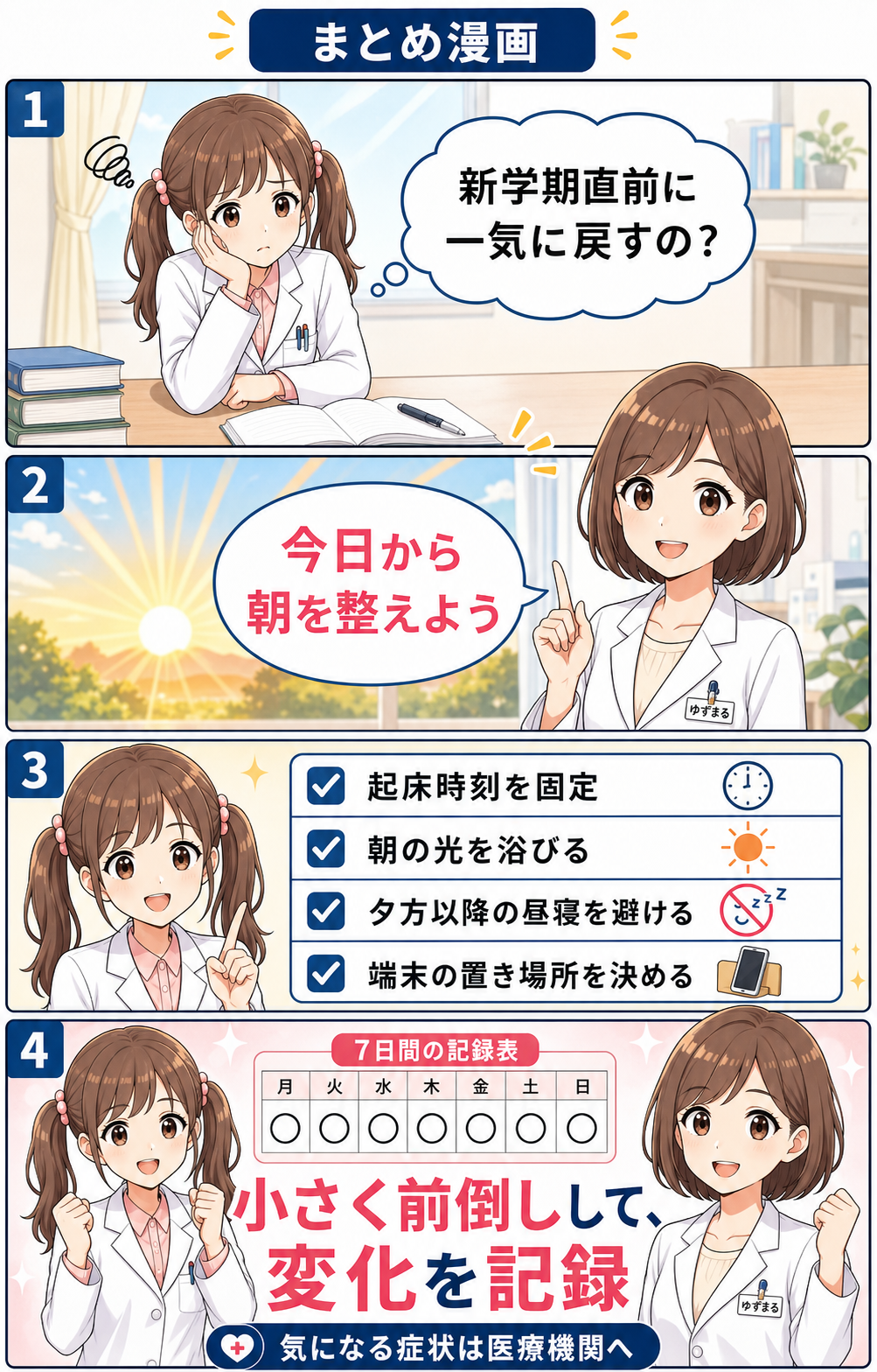 起床時刻固定、朝の光、昼寝、端末管理をまとめた子どもの睡眠不足のまとめ漫画