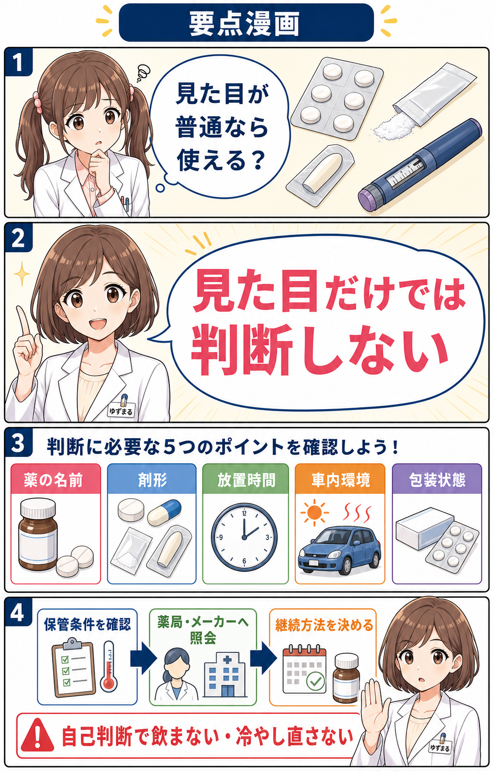 薬名、剤形、放置時間、車内環境、包装状態から高温曝露後の薬を確認する要点漫画