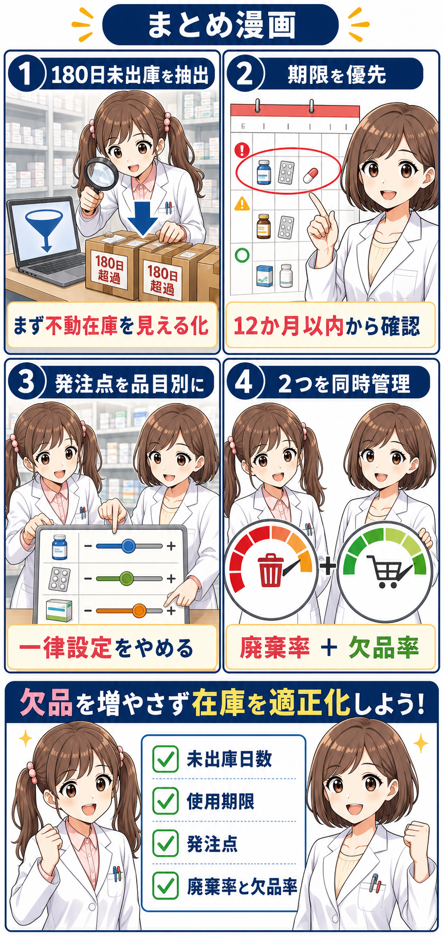 不動在庫、使用期限、発注点、廃棄率と欠品率をまとめた在庫管理漫画