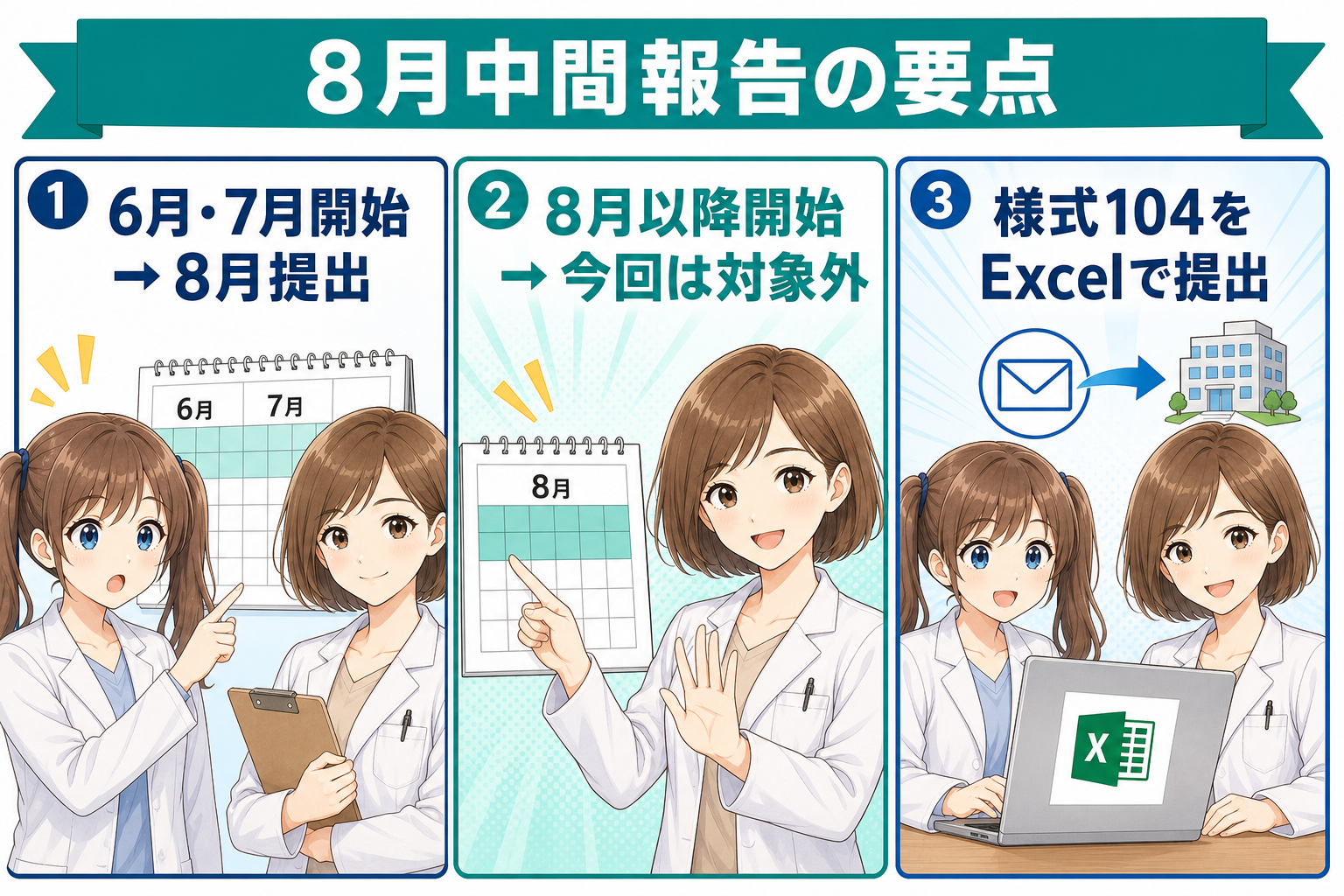 調剤ベースアップ評価料の8月中間報告で6月・7月開始、8月以降開始、様式104提出を整理した要点漫画