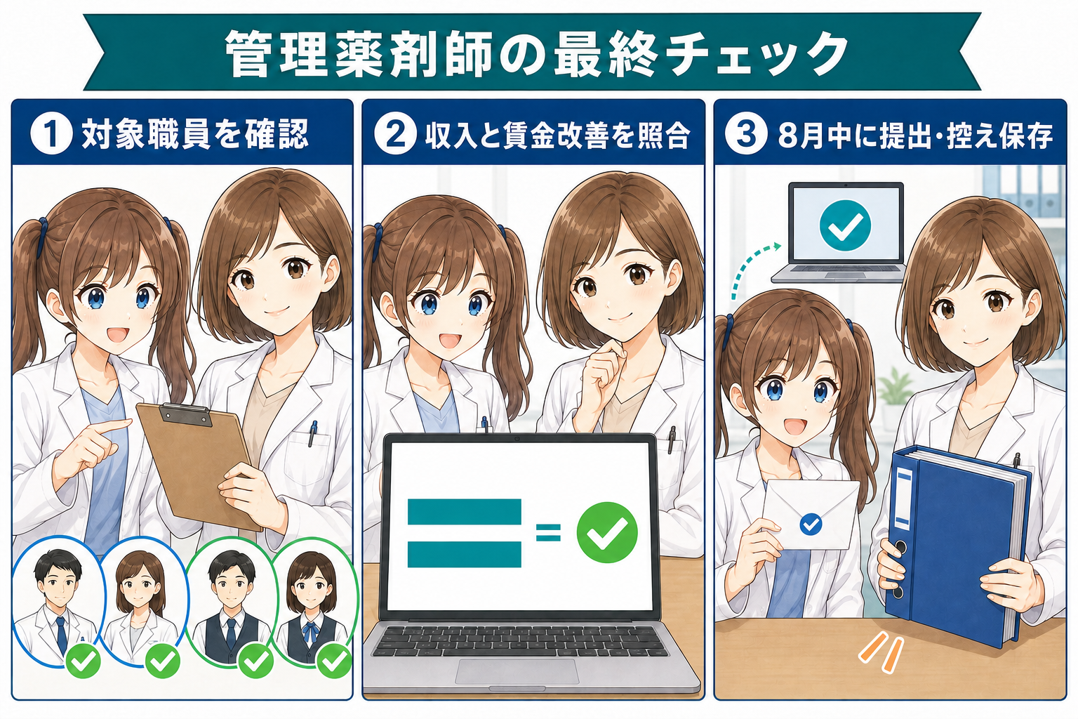 調剤ベースアップ評価料の対象職員、収入と賃金改善、8月中の提出と控え保存を確認するまとめ漫画