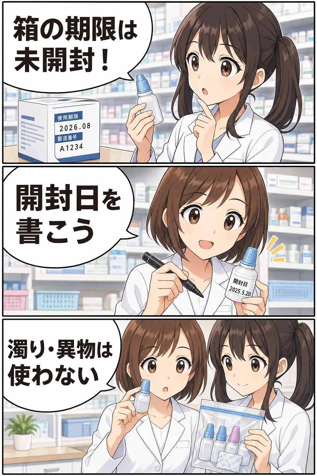 目薬の開封後はいつまで使えるか、開封日と濁り・異物を確認する要点漫画