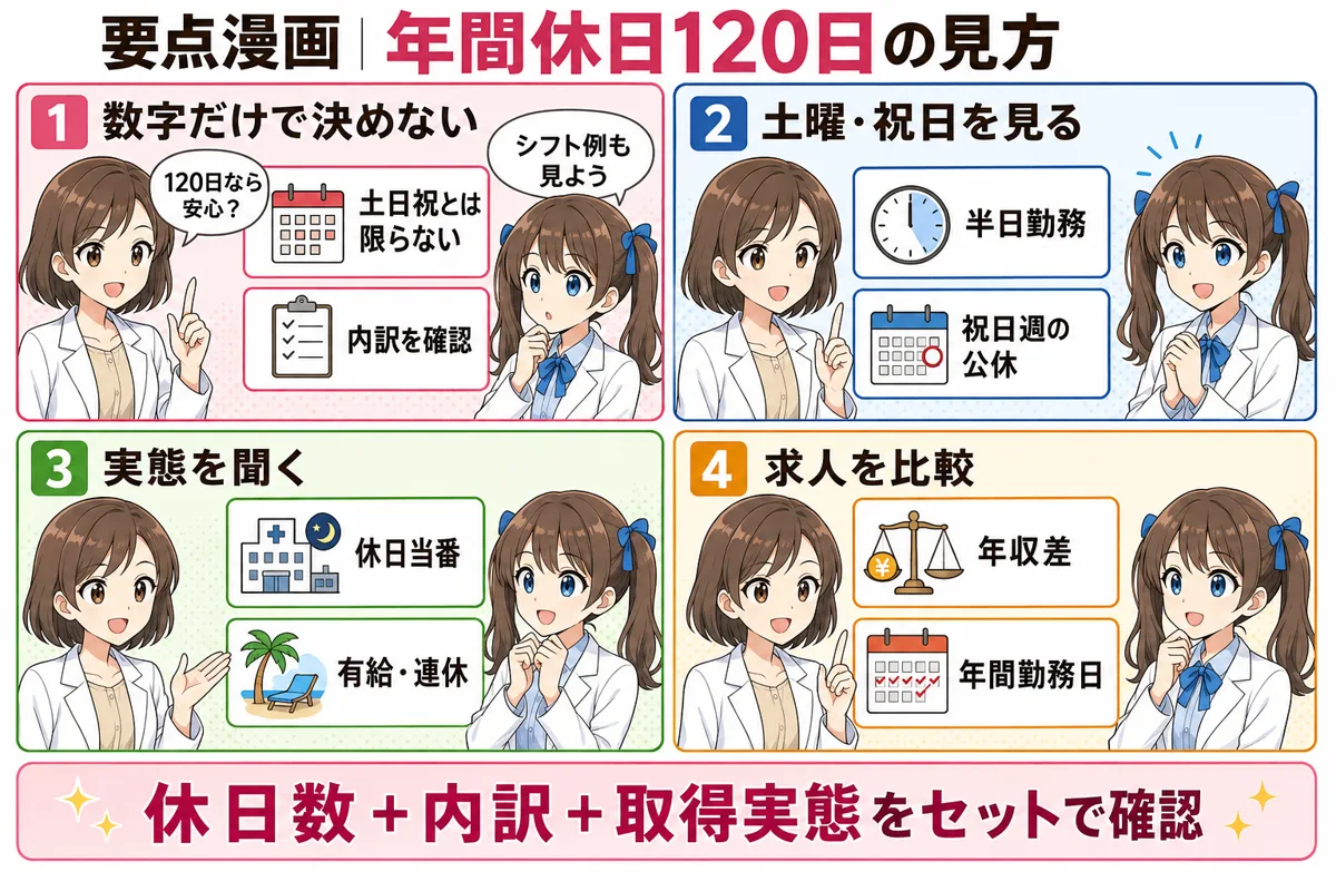 薬剤師求人の年間休日120日で土曜勤務・祝日・休日当番・有給を確認する要点漫画