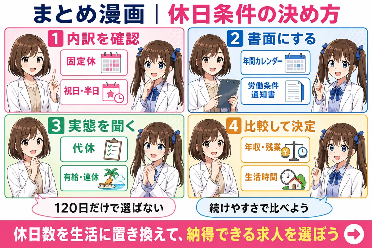 薬剤師求人の年間休日120日を内訳・書面・実態・求人比較で確認するまとめ漫画