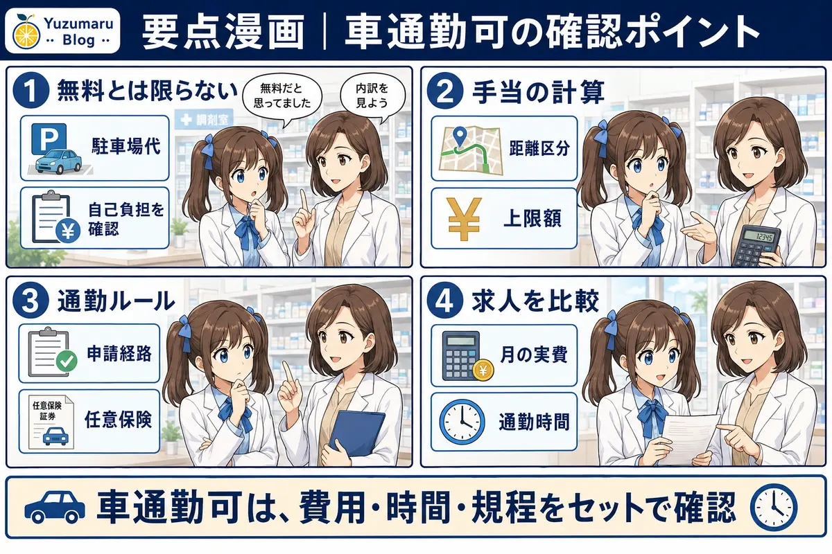 薬剤師求人の車通勤可で駐車場代・通勤手当・任意保険・通勤時間を確認する要点漫画