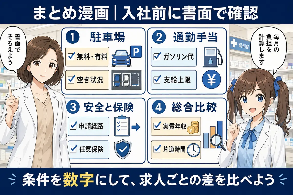 薬剤師求人の車通勤可を駐車場・通勤手当・安全保険・実質年収で比較するまとめ漫画
