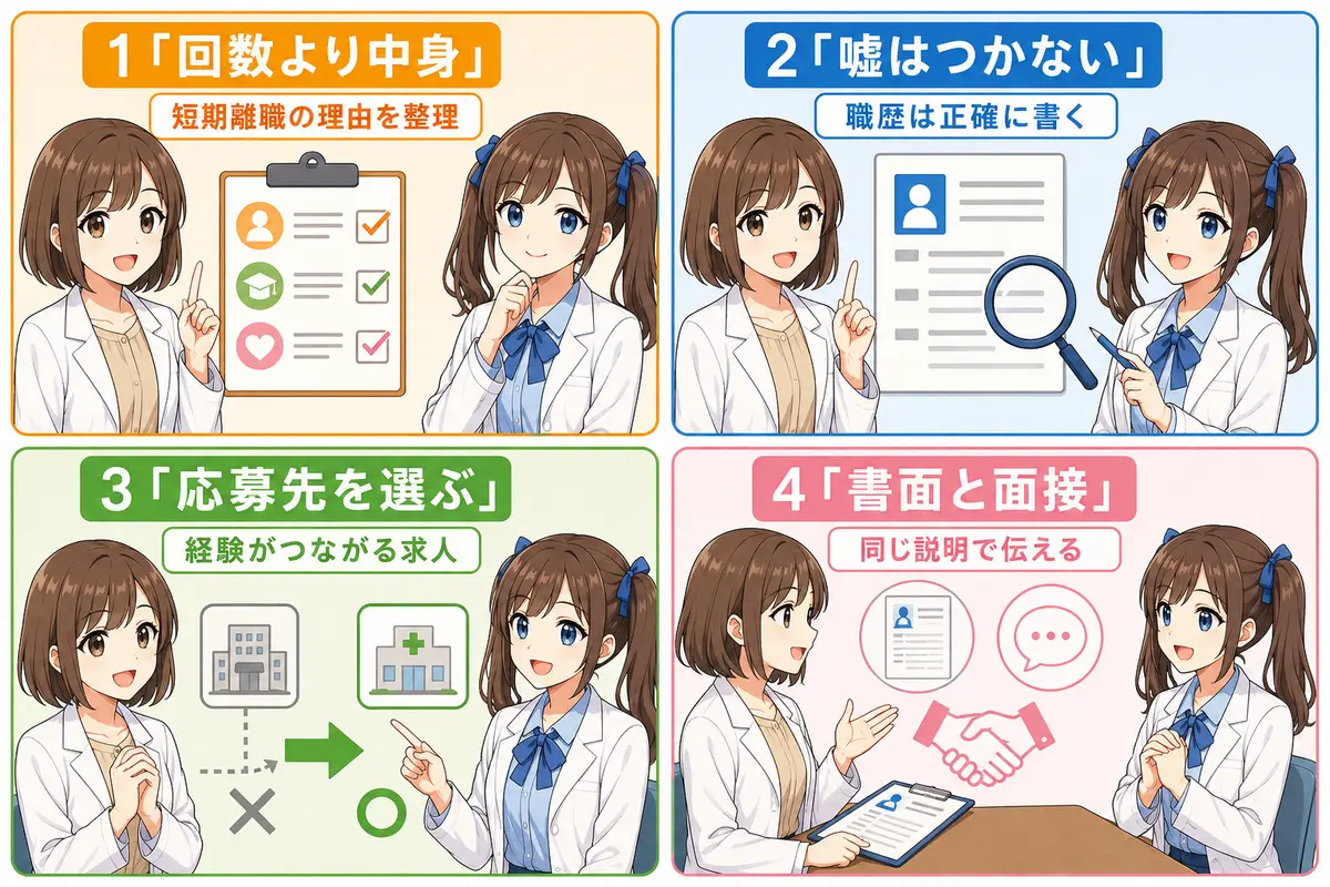 薬剤師の転職回数が多いときに職歴を正確に書き応募先と説明を整えるまとめ漫画