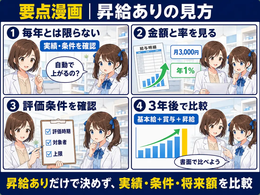 薬剤師求人の昇給ありで金額・評価条件・3年後の給与を確認する要点漫画