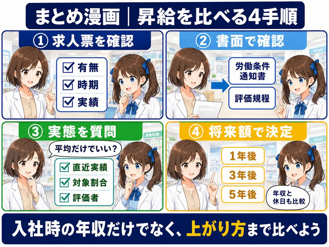 薬剤師求人の昇給を求人票・書面・実績・将来額の順で比較するまとめ漫画