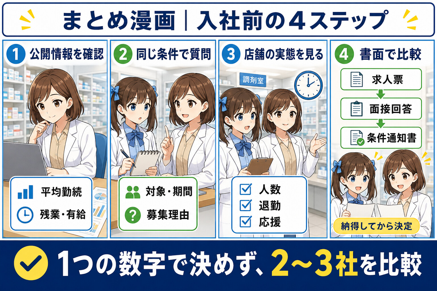 離職率・募集理由・店舗の実態を照合して薬剤師求人を選ぶまとめ漫画