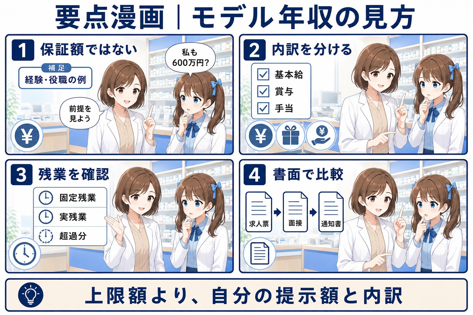 薬剤師求人のモデル年収で基本給・賞与・残業代・書面を確認する要点漫画