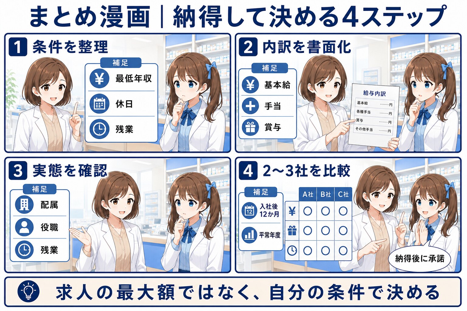 薬剤師求人のモデル年収を条件整理・書面化・実態確認・複数比較するまとめ漫画