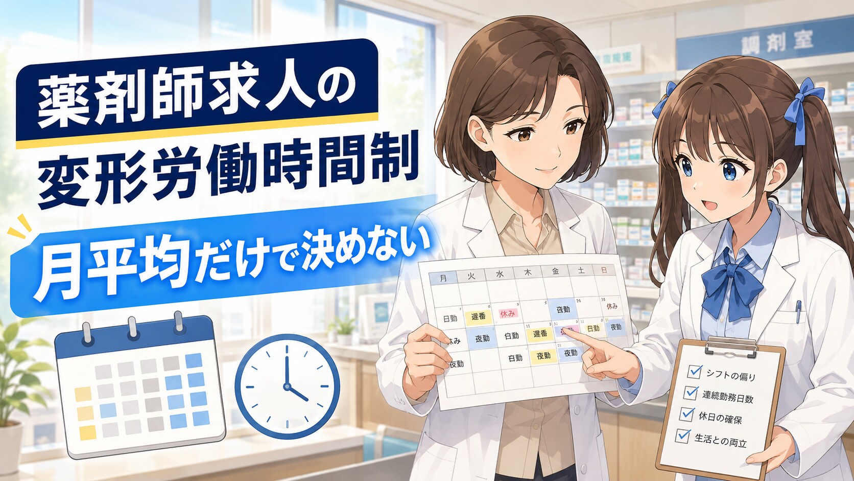 薬剤師求人の変形労働時間制で月平均時間と最長シフトを確認する女性薬剤師ゆずまるとなぎさ