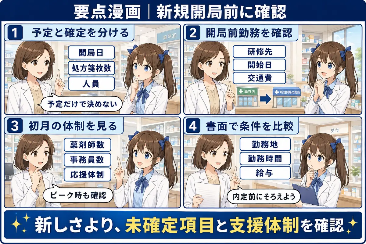 薬剤師のオープニングスタッフ求人で開局日・研修先・予定人員・労働条件を確認する要点漫画