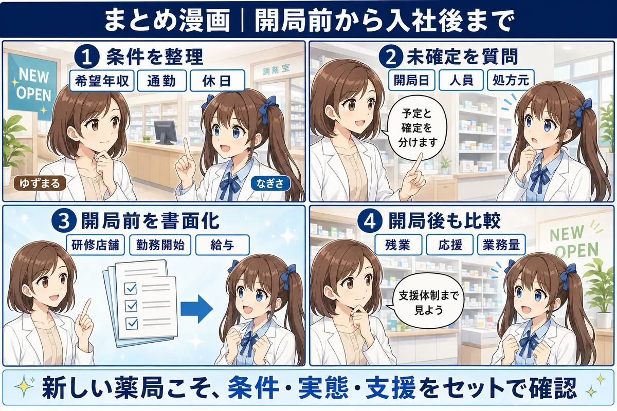 薬剤師のオープニングスタッフ求人を条件整理・質問・書面化・実態比較するまとめ漫画