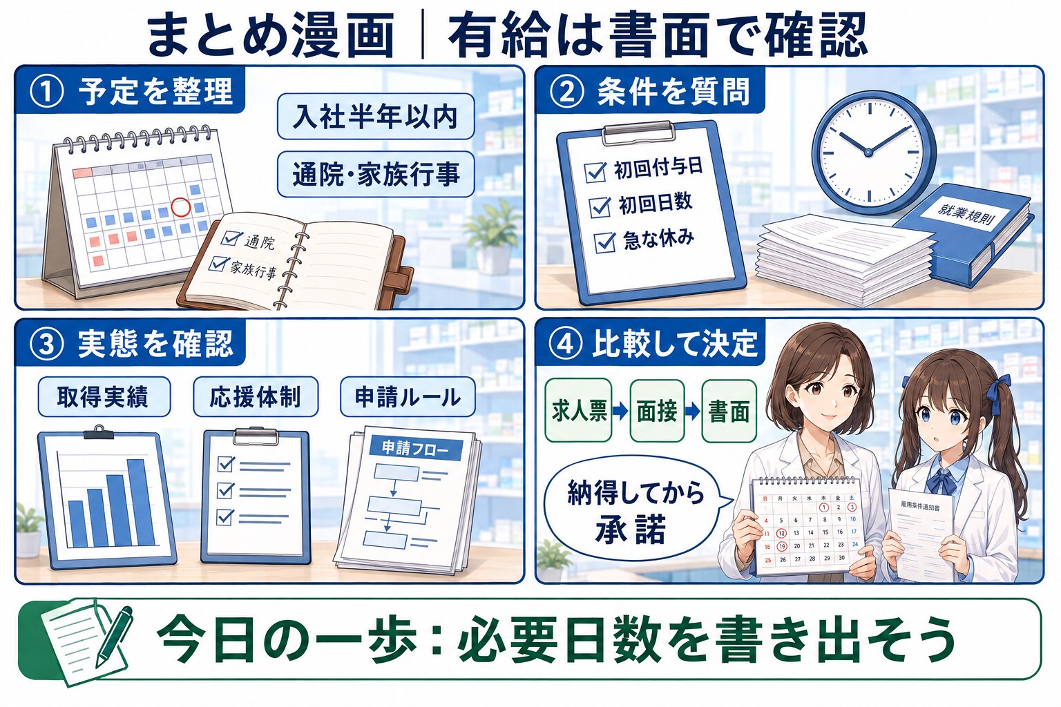 薬剤師が転職後の有給休暇を求人票・面接・書面で比較するまとめ漫画