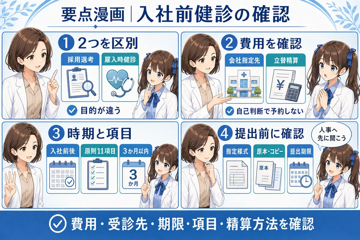 薬剤師転職の入社前健康診断で費用・受診時期・11項目・提出方法を確認する要点漫画