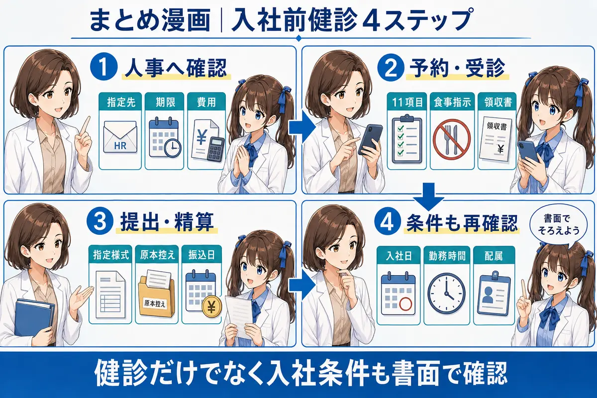 薬剤師転職の入社前健康診断を人事確認・受診・提出精算・条件確認の4段階で進めるまとめ漫画