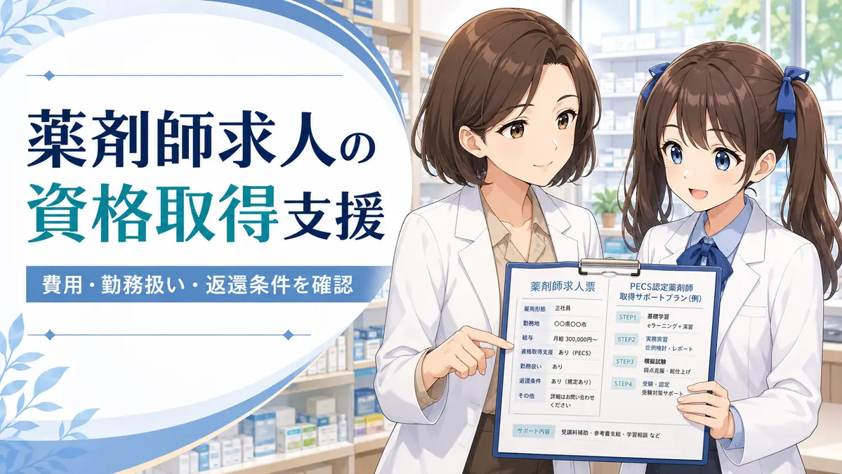 薬剤師求人の資格取得支援で費用・勤務扱い・退職時返還を確認する女性薬剤師ゆずまるとなぎさ