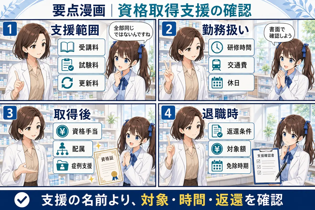 薬剤師求人の資格取得支援で費用・勤務扱い・退職時返還を確認する要点漫画