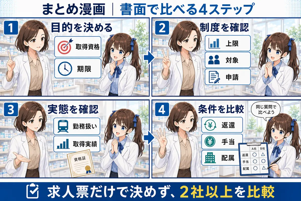 薬剤師求人の資格取得支援を目的・制度・実態・条件の4段階で比較するまとめ漫画