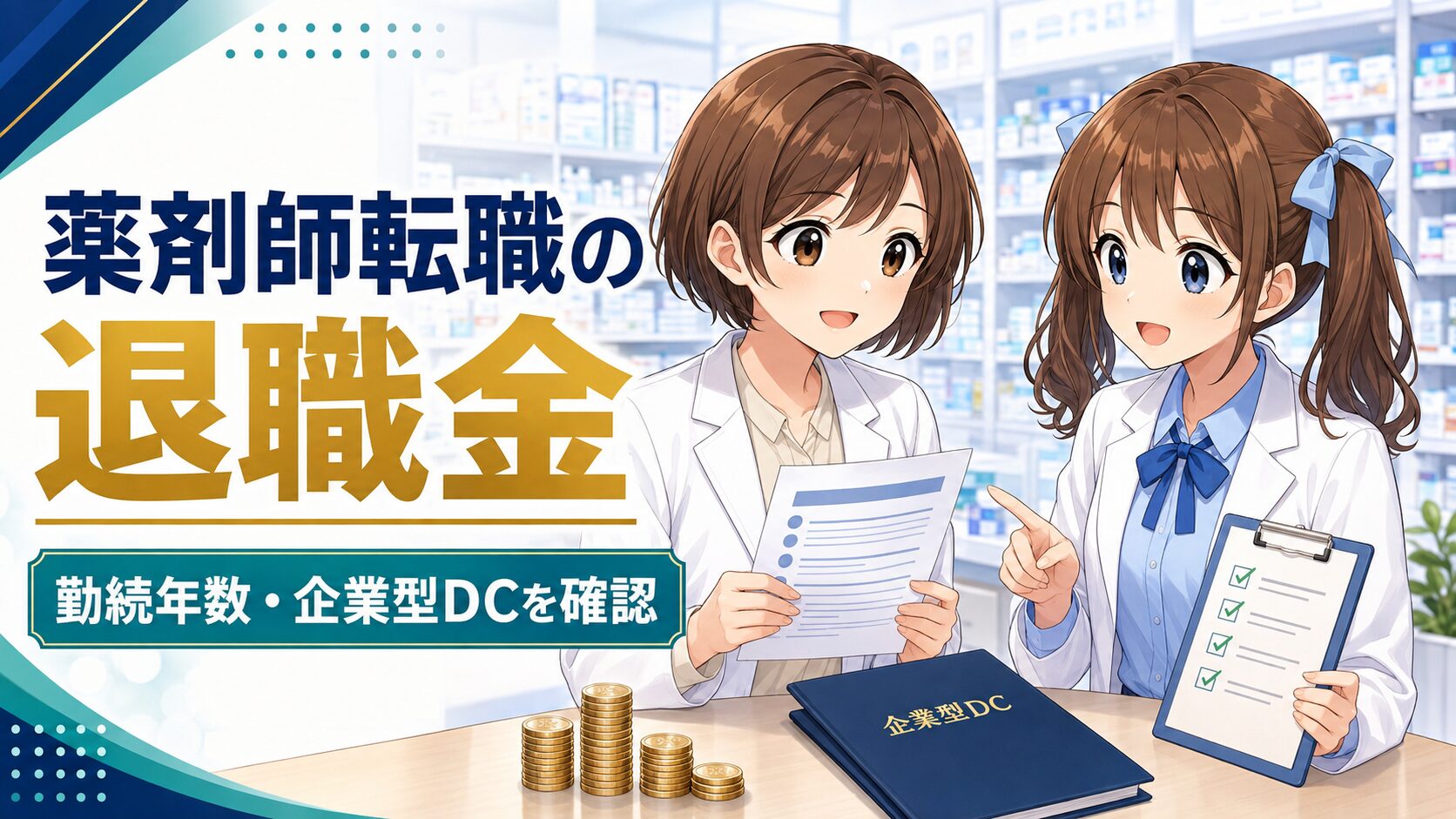 薬剤師転職の退職金と企業型DCを確認する女性薬剤師ゆずまるとなぎさ