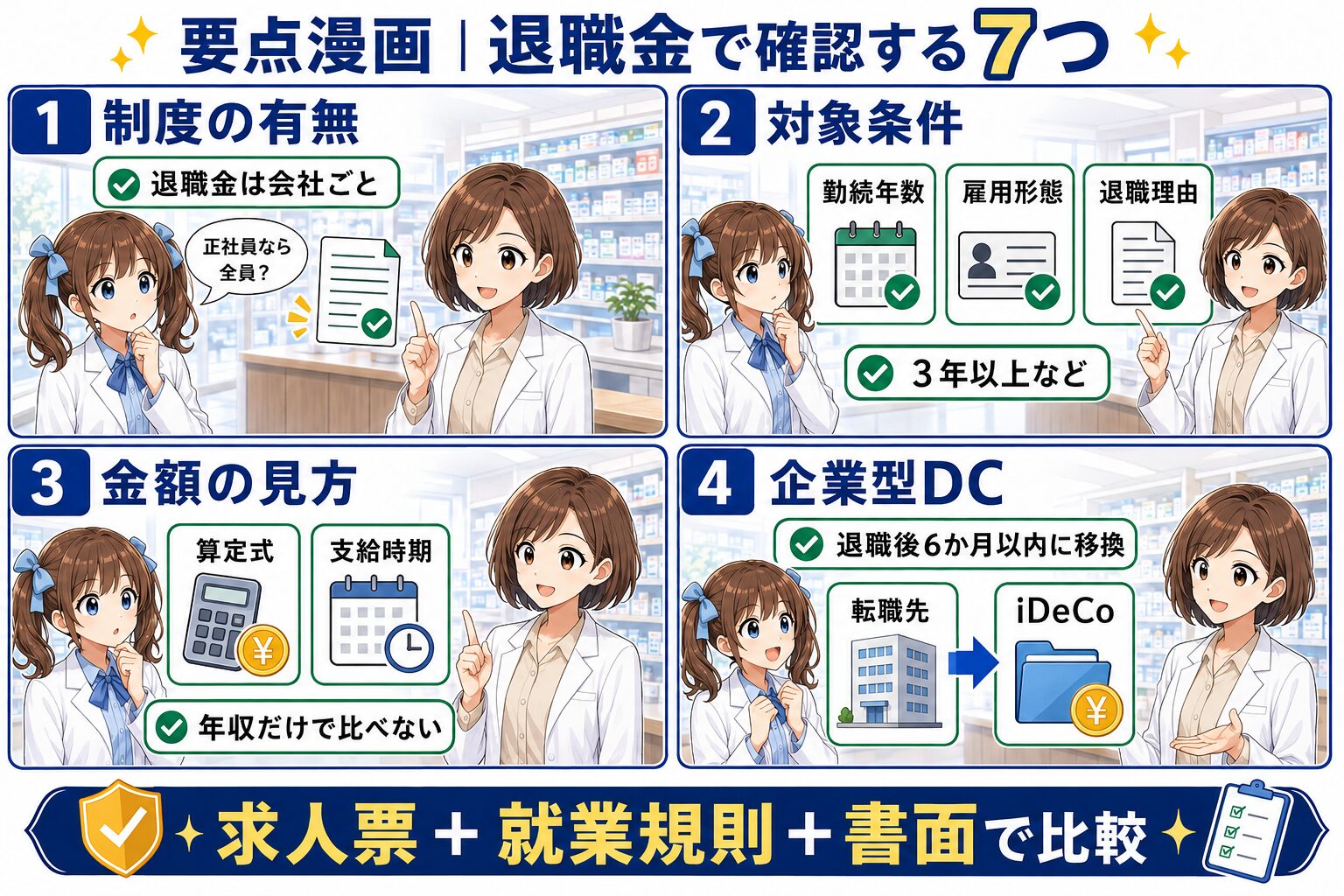 薬剤師転職の退職金制度・対象条件・算定式・企業型DCを確認する要点漫画