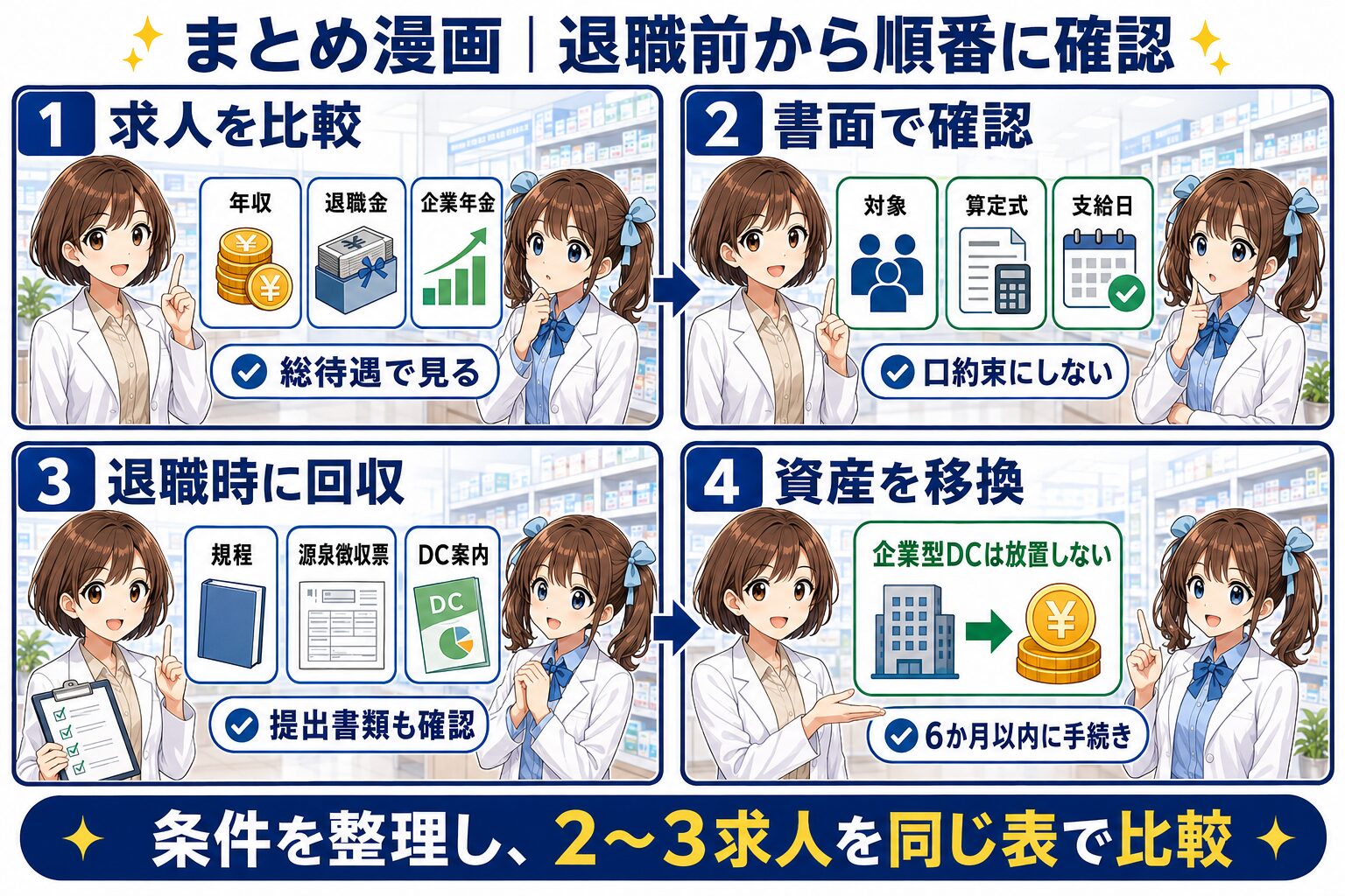 薬剤師転職で退職金・企業年金・企業型DCを求人比較から資産移換まで確認するまとめ漫画