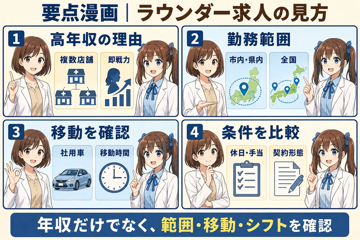 ラウンダー薬剤師求人の年収・勤務範囲・移動・契約形態の要点漫画