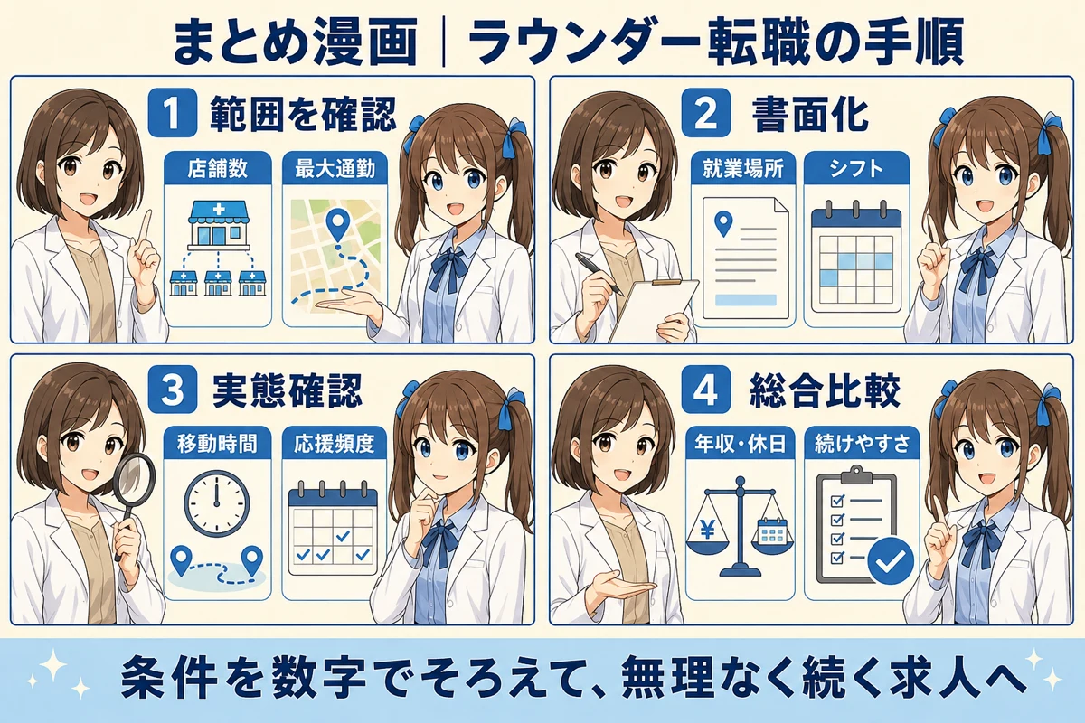 ラウンダー薬剤師転職で範囲・書面・実態・条件を確認するまとめ漫画