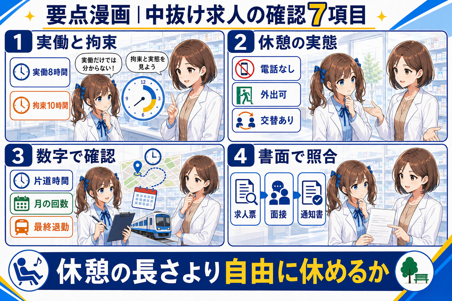 薬剤師求人の中抜けで拘束時間・休憩中の対応・外出可否を確認する要点漫画