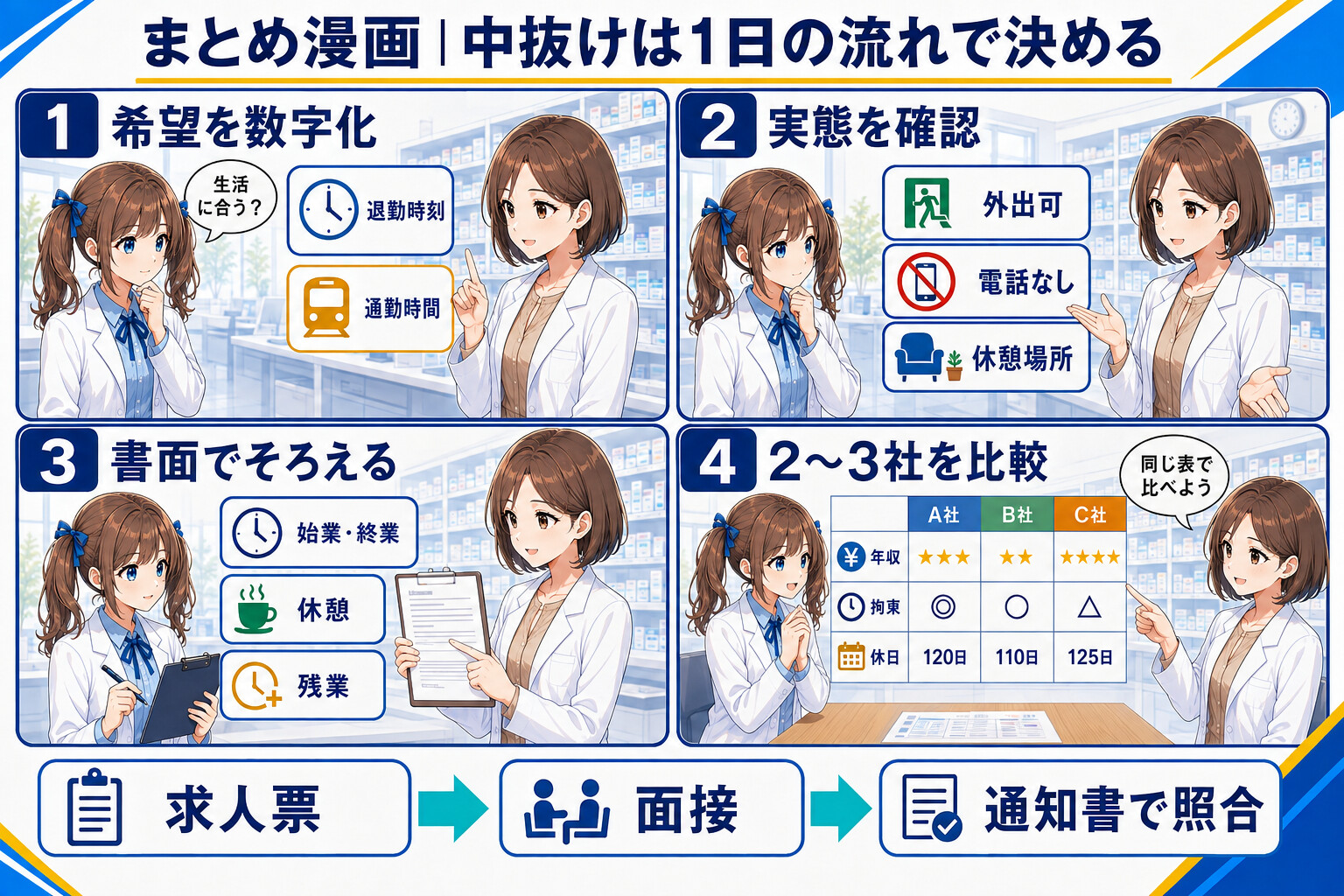薬剤師求人の中抜けを実働・拘束・休憩の実態で比較するまとめ漫画