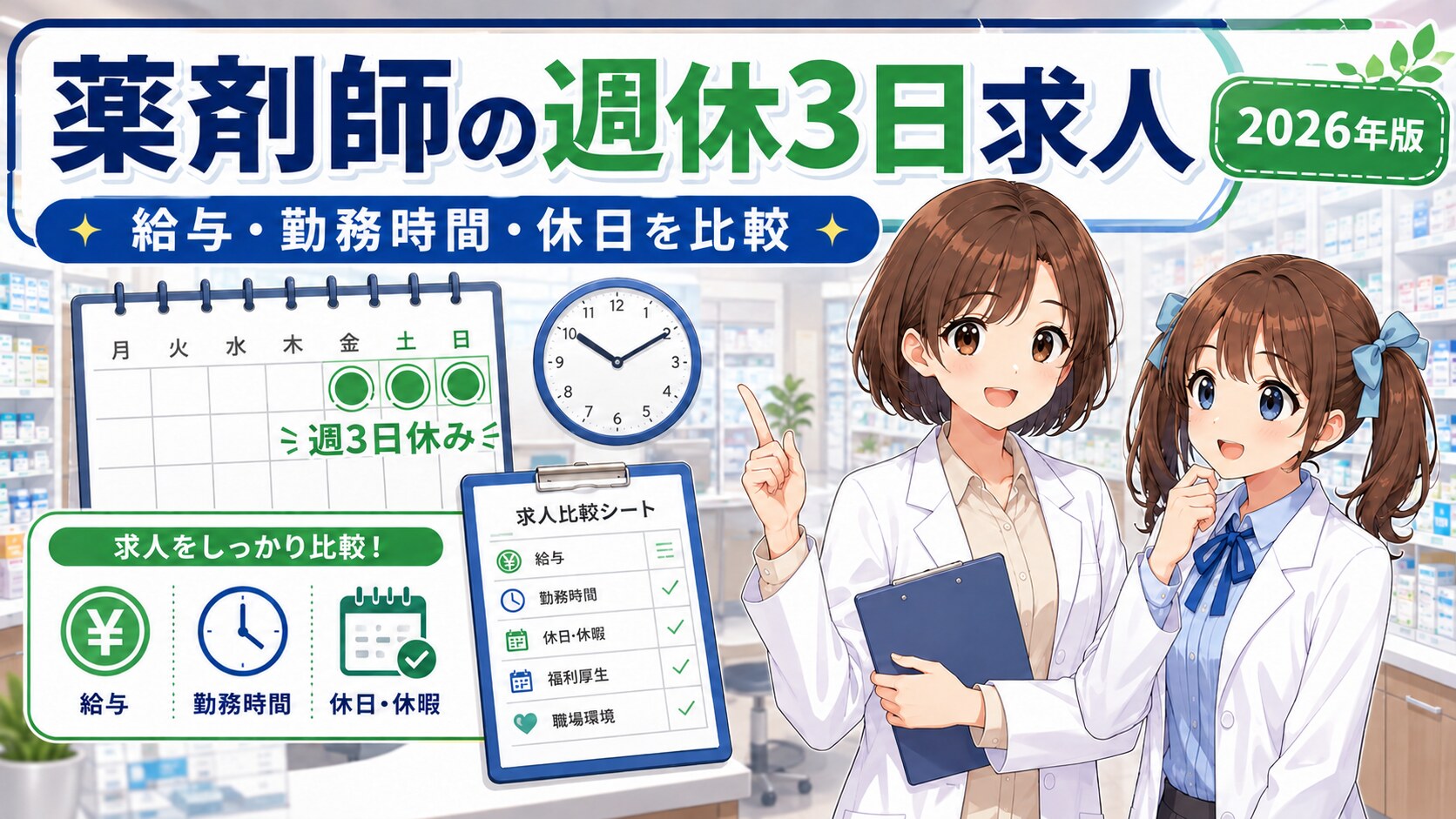 薬剤師の週休3日求人を比較する女性薬剤師ゆずまるとなぎさ