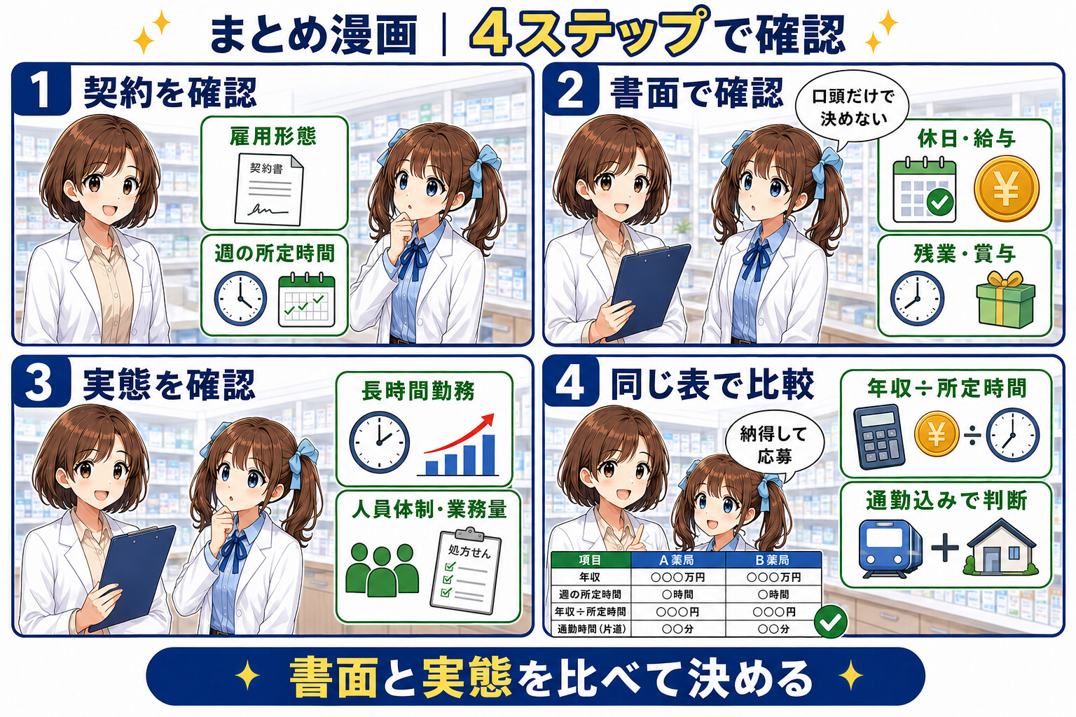 薬剤師の週休3日求人を契約・書面・実態・比較の4ステップで選ぶまとめ漫画