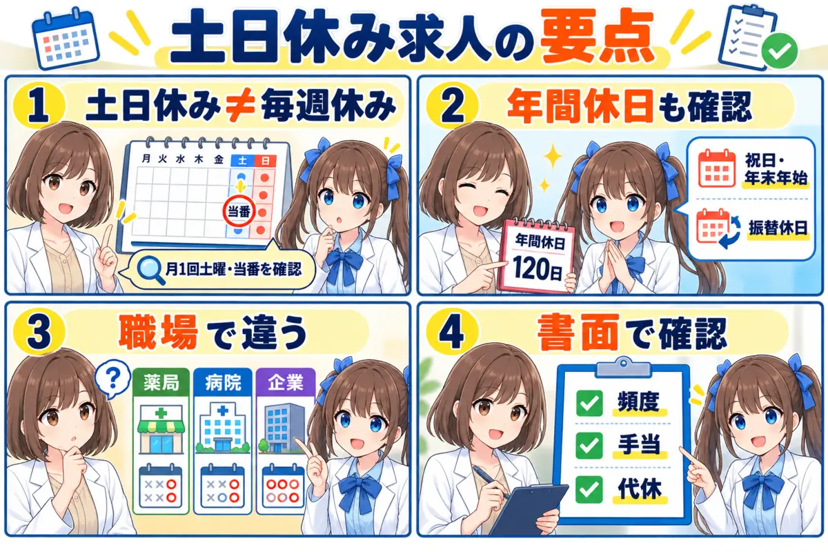 薬剤師の土日休み求人で確認する当番・年間休日・職場差・書面条件の要点漫画