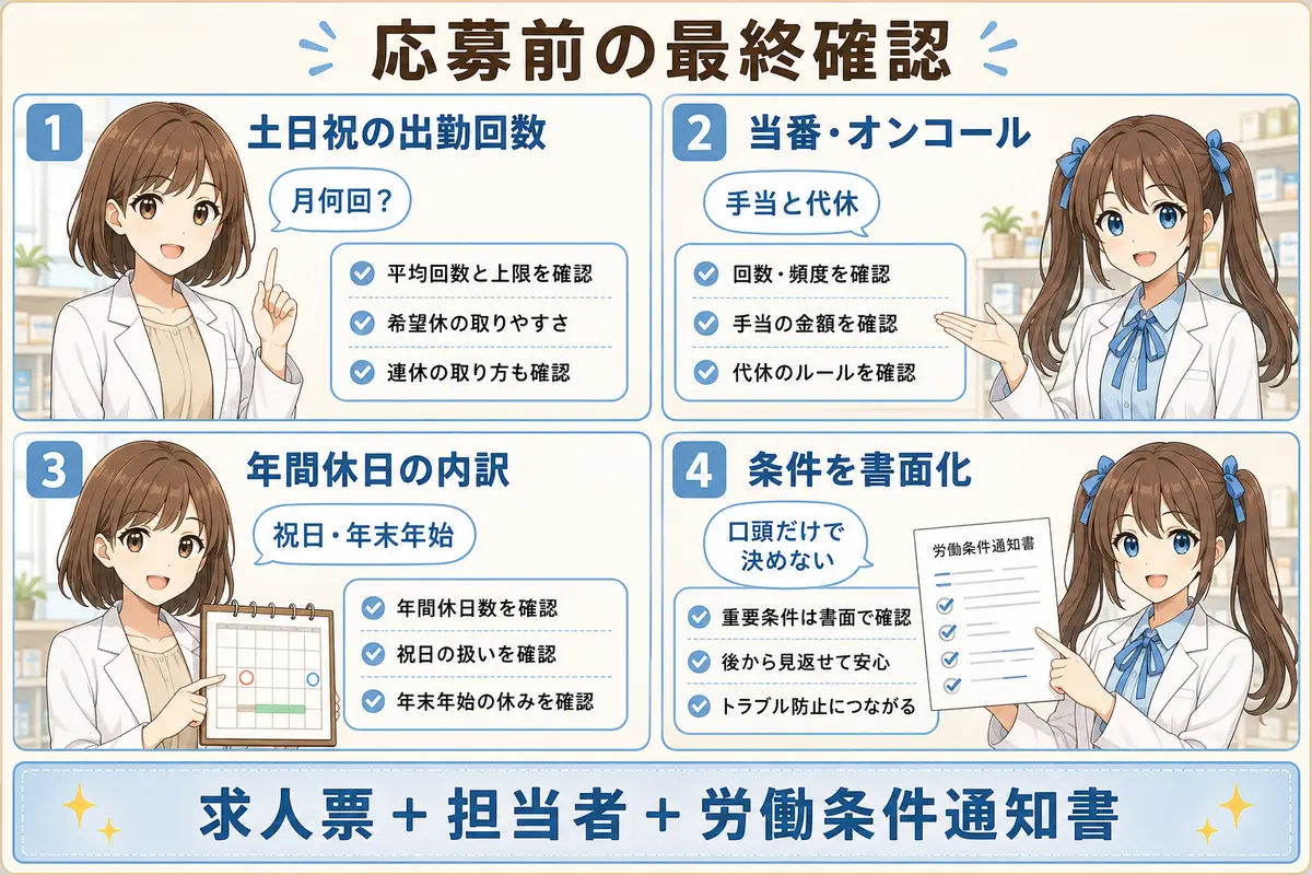 薬剤師の土日休み求人で出勤回数・当番・年間休日・労働条件通知書を確認するまとめ漫画