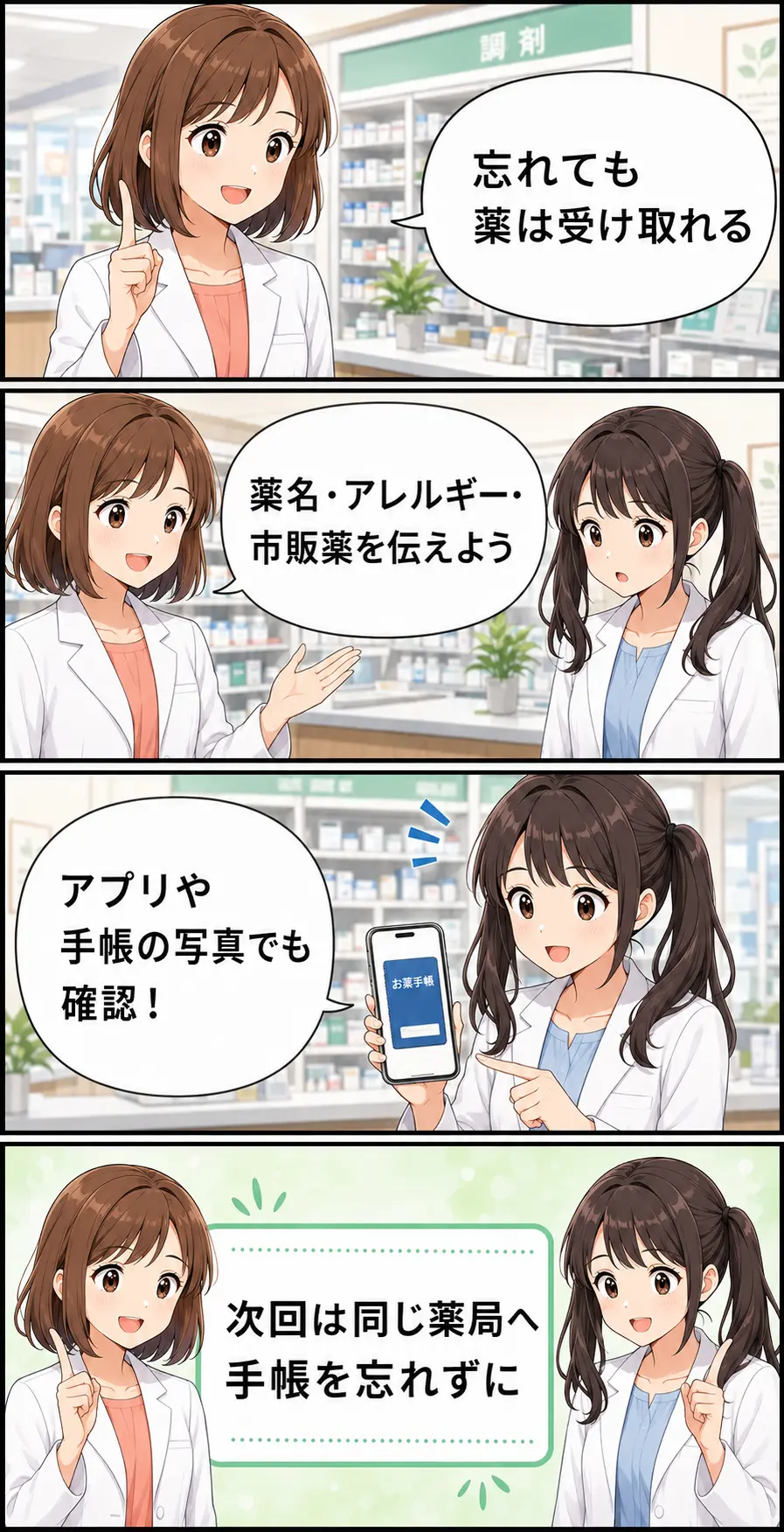 お薬手帳を忘れても薬は受け取れ、服用薬を伝えることを示すまとめ漫画