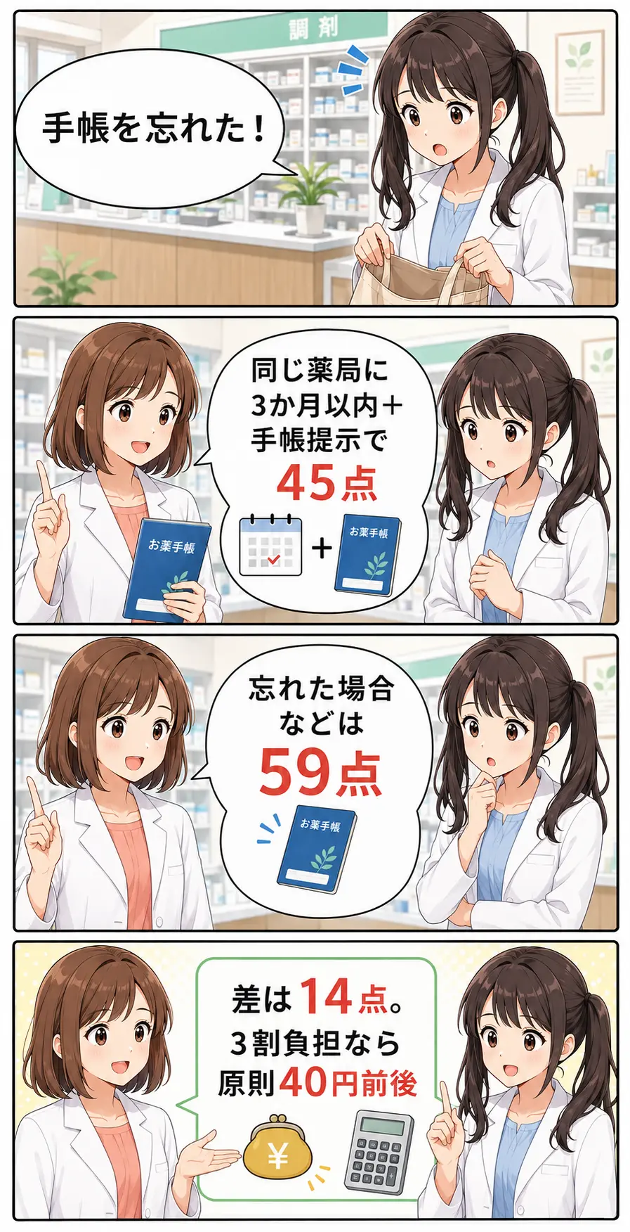 お薬手帳を忘れたときの45点と59点の違いを解説する要点漫画