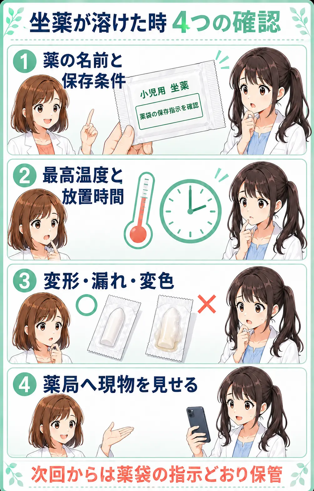 子どもの坐薬が溶けたときの4つの確認を示すまとめ漫画