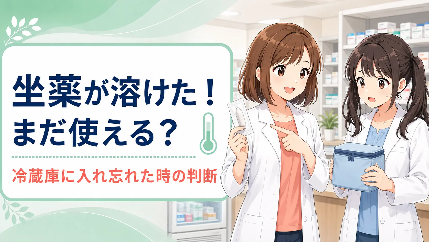子どもの坐薬が溶けたときの判断を解説する、女性薬剤師ゆずまるとなぎさのアイキャッチ