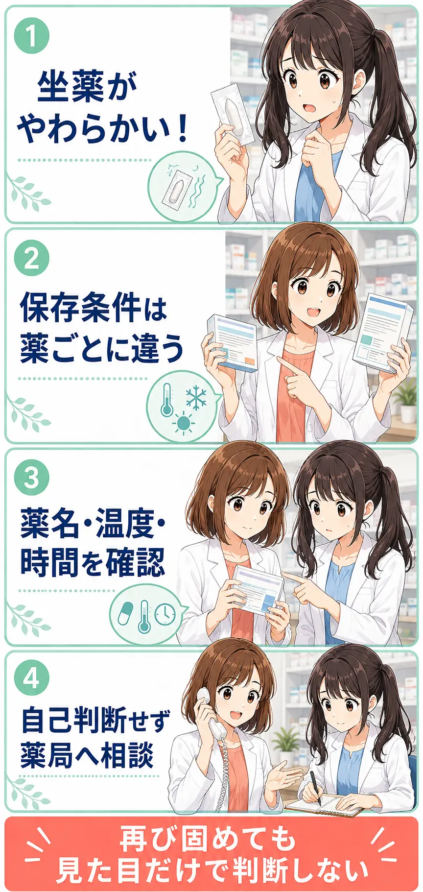 子どもの坐薬が溶けたときに確認するポイントを示す要点漫画