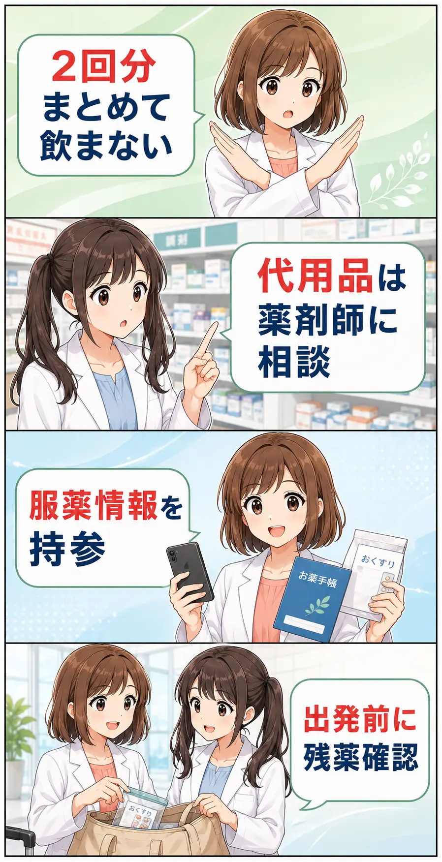 2回分をまとめて飲まず服薬情報を持参し出発前に残薬確認するまとめ漫画