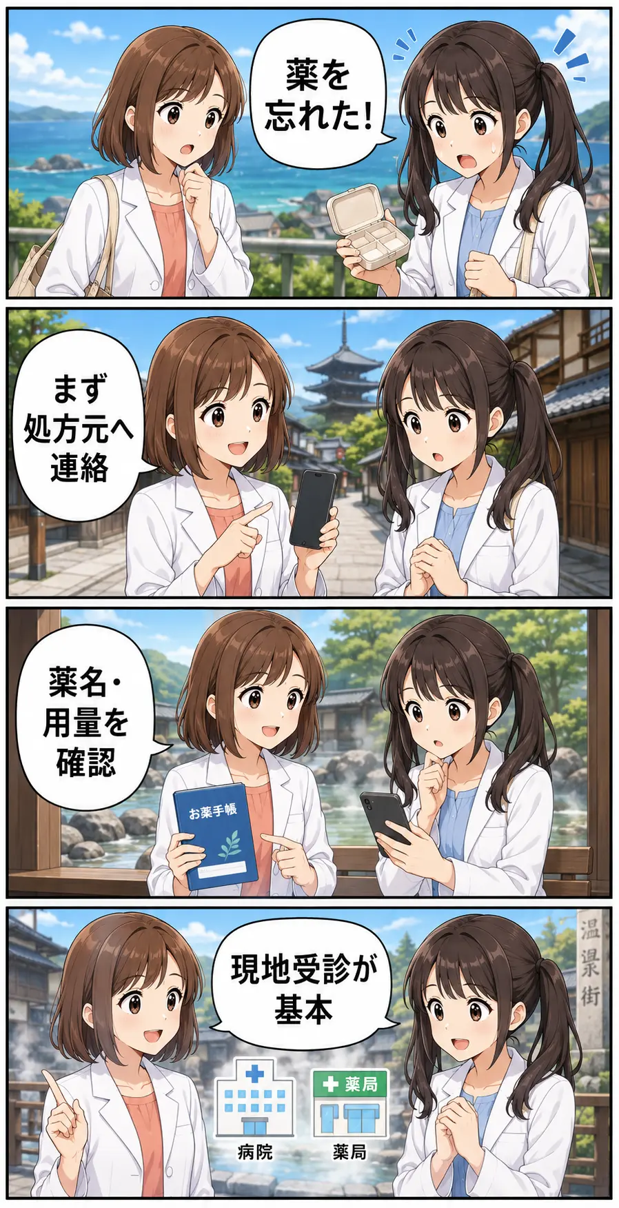 旅行先で薬を忘れたときは処方元へ連絡し現地受診する流れを示す要点漫画