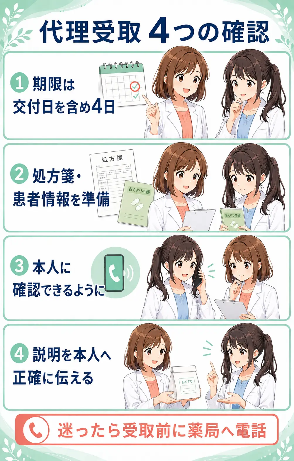 薬の代理受取で確認する4つのポイントを示すまとめ漫画