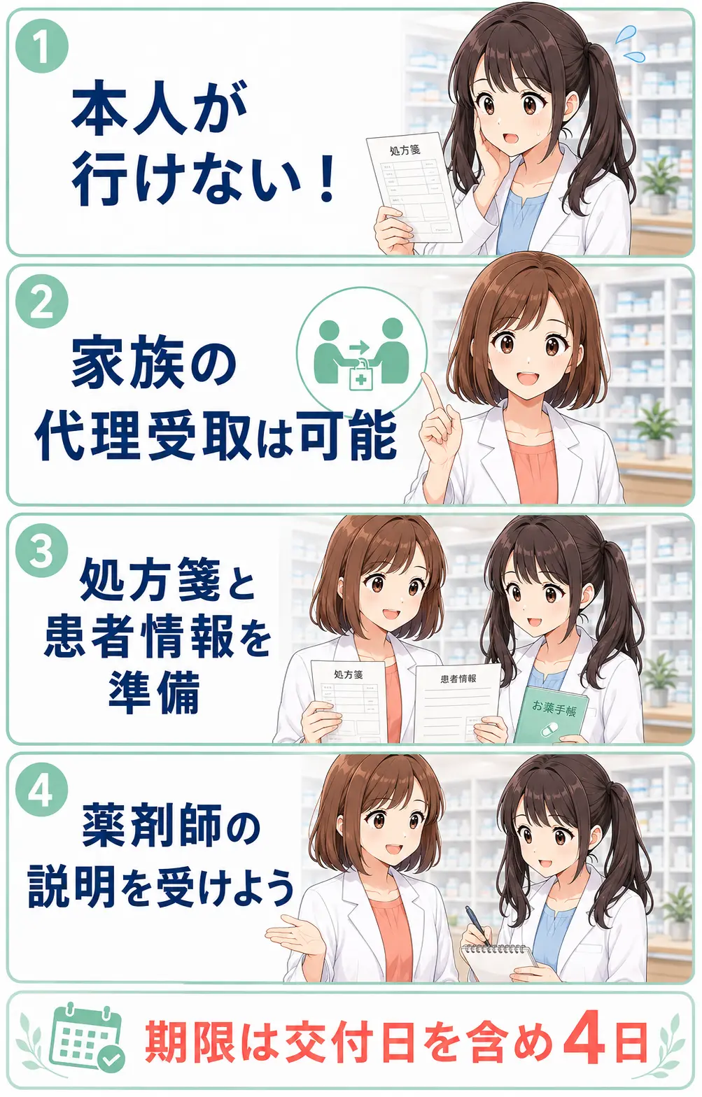 家族が薬を代理で受け取るときの要点を解説する漫画
