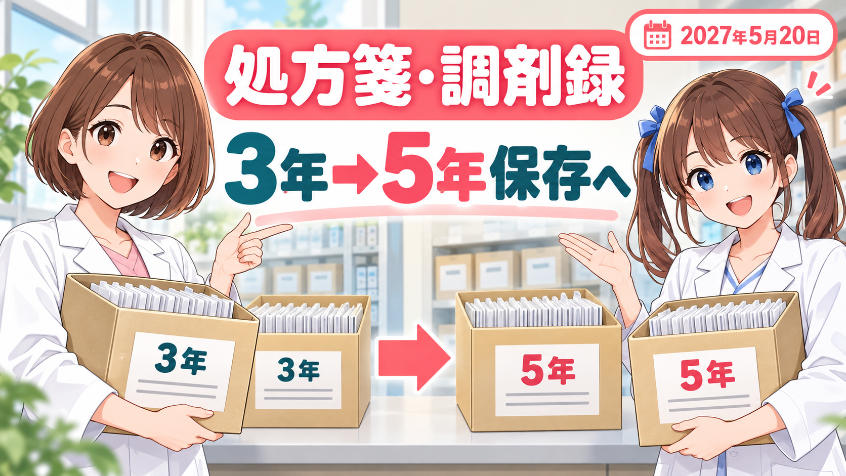 処方箋の保存期間が3年から5年へ変わることと調剤録の保管を解説するアイキャッチ